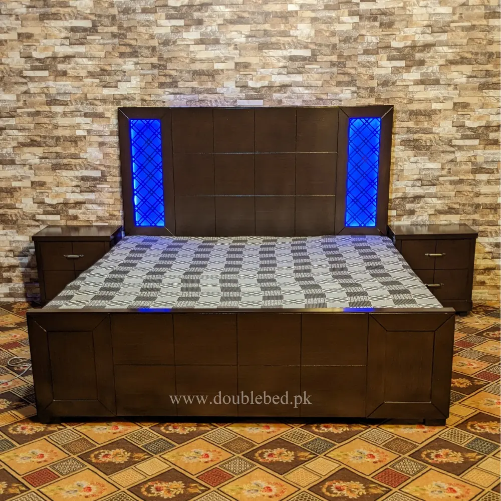 double bed with lights in headboard
